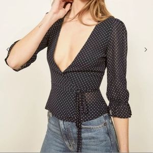 REFORMATION Emma Navy Blue Polka Dot Wrap Top S